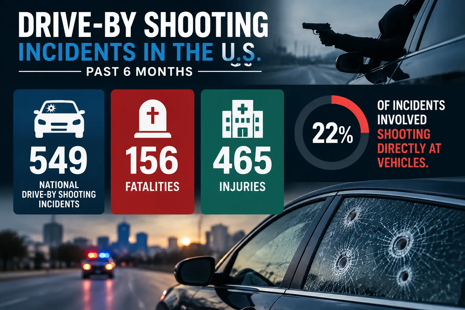 Bar chart of 549 drive-by incidents, 156 deaths, 465 injuries, 22% vehicle-targeted.