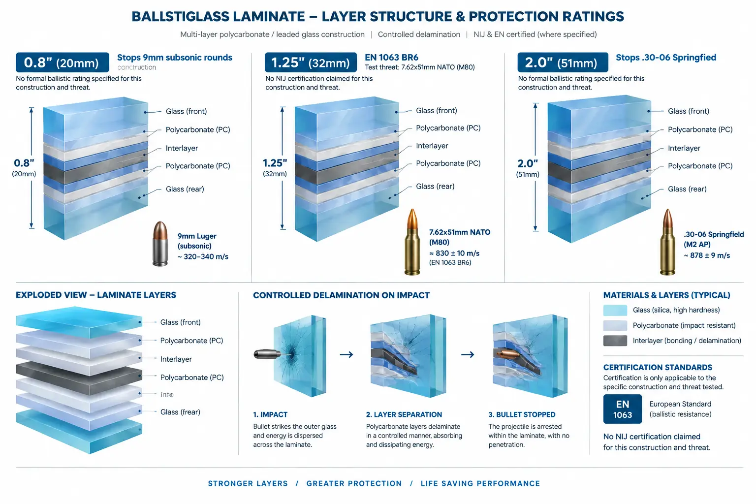 Ballistic glass cross-section showing three certified thickness ratings: 0.8in for 9mm, 1.25in for 7.62 NATO, 2.0in for .30-06