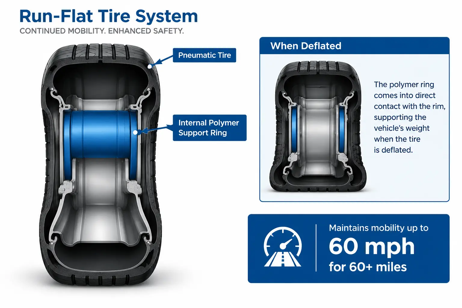 Run-flat tire internal polymer ring diagram showing structural support during deflation